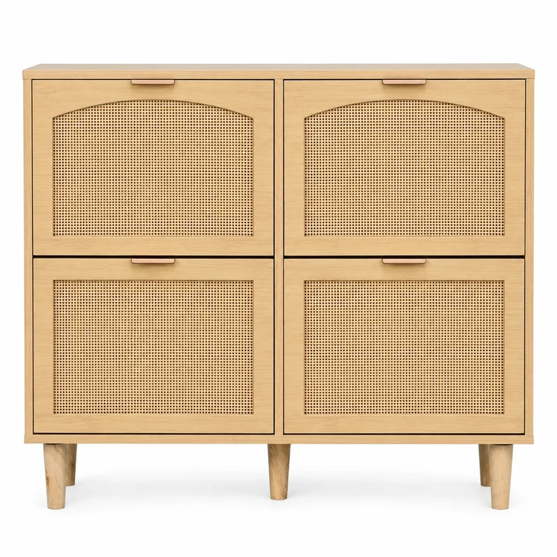Schuhschrank Rattan-Optik mit 4 Klappen – 100 × 90,3 × 25 cm