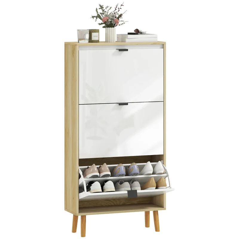 Schmaler Schuhschrank Weiß mit 3 Klapptüren – 60 × 24 × 127 cm